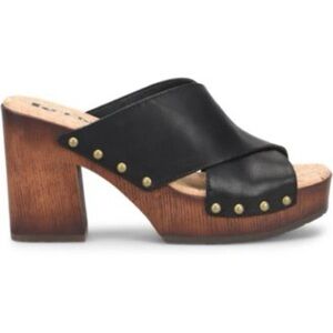 Kork-Ease Lynda Black Leather Mules with Wooden Heel